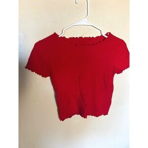 Brandy Melville Red Ribbed Lettuce Trim Cropped Top Short Sleeve Women Valentine